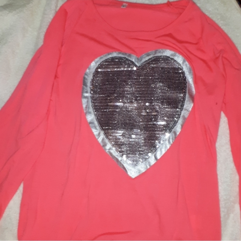 HOT PINK - Blingy heart, Long Sleeve Thin Top